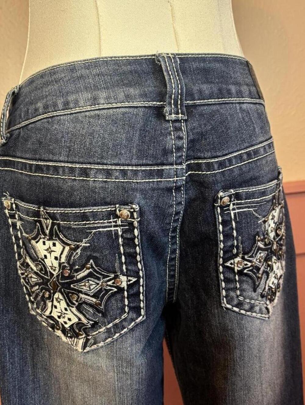 love indigo 2000s jeweled cross dark wash blue bootcut jeans sz 6 y2k mall goth